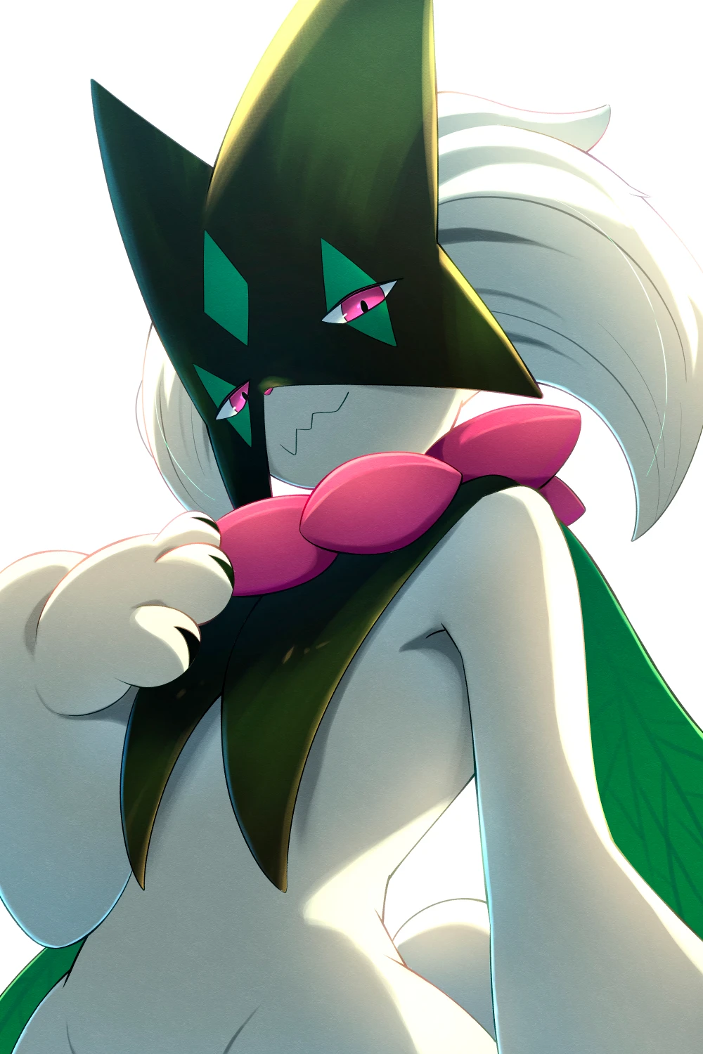the grass type anthro cat Pokémon meowscarada, they are looking at the viewrr