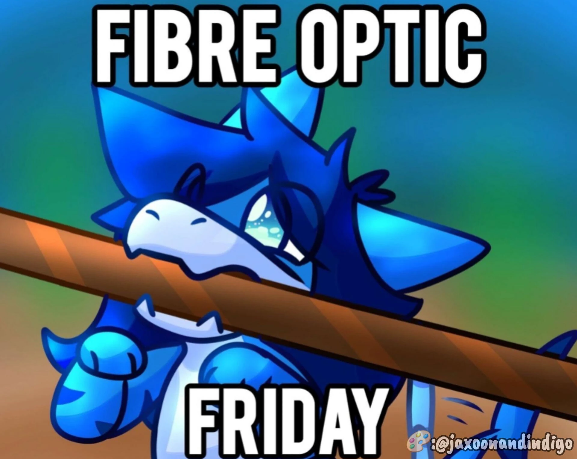 a meme with an image of a kobold chewing on a fibre optic line. the text on the image says "FIBRE OPTIC FRIDAY'