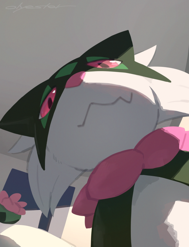 artwork showing a downwards angle view of meowscarada almost as if it were using a phone to a bad selfie