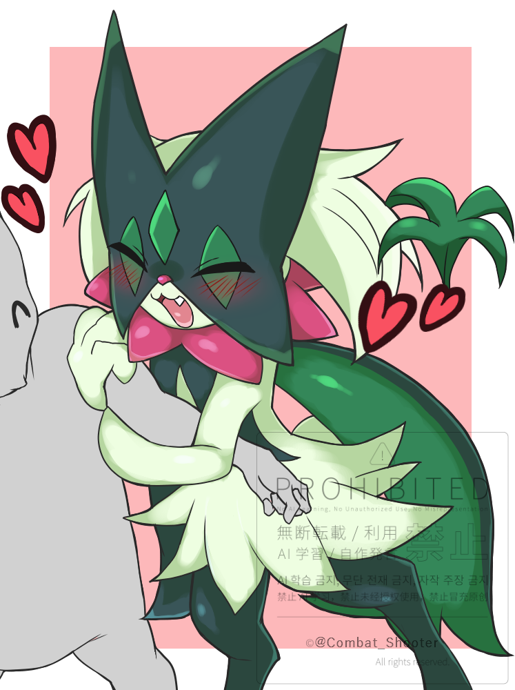 the anthro grass cat Pokemon meowscarada grabbing onto its trainers arm, there are hearts floating around the meowscarada thst indicate the Pokémon loves its trainer